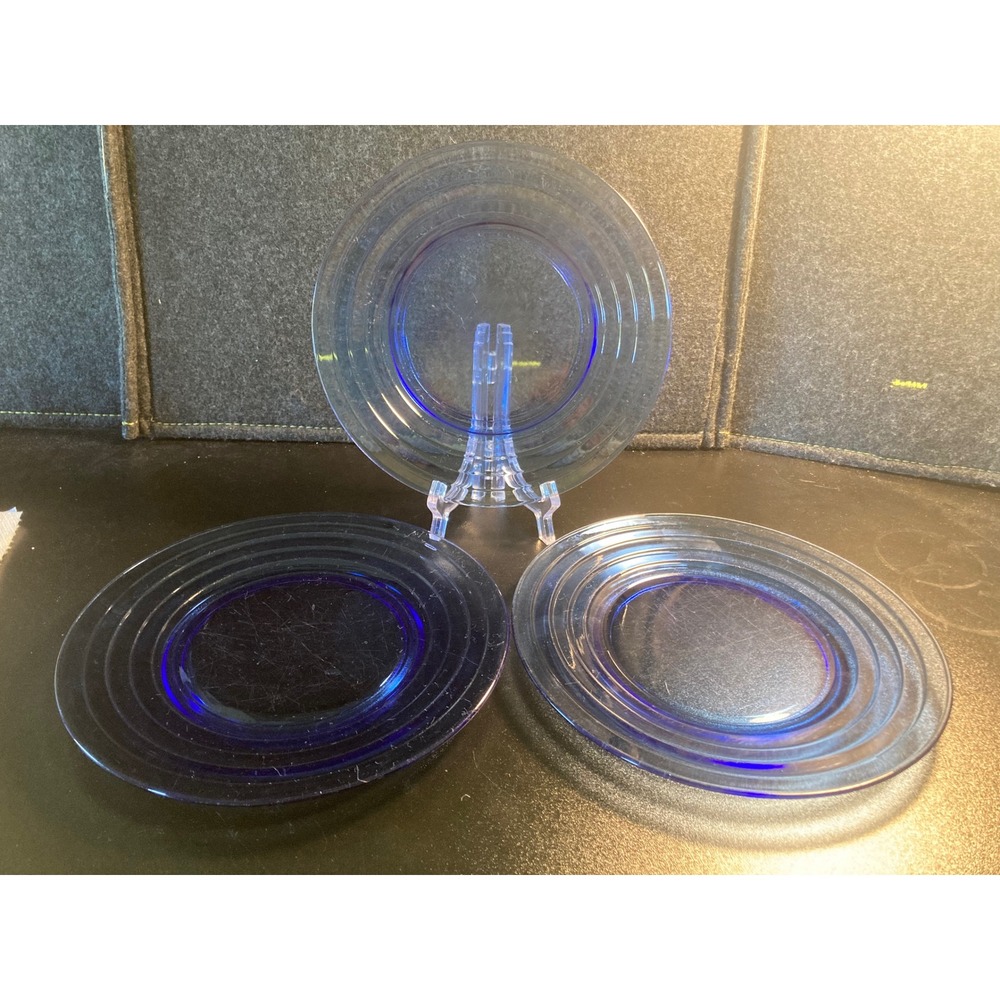 Vintage Cobalt Blue Glass Salad Plates Set of 3 Concentric Ring Art Deco 8"